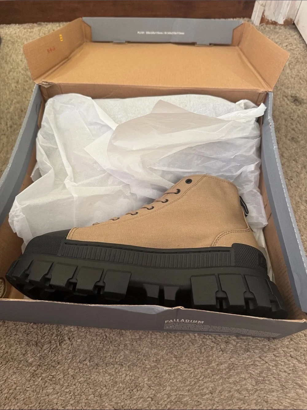 Palladium Tan Canvas High-Top Boot with Black Lug Sole